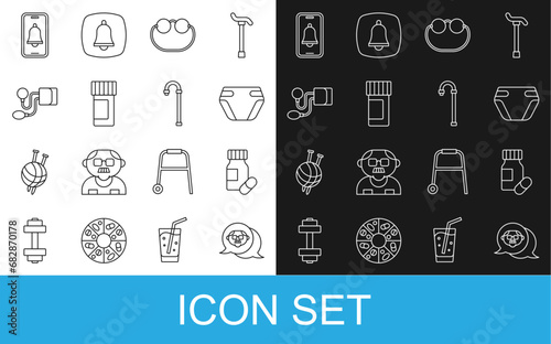 Set line Grandfather, Medicine bottle pills, Adult diaper, Eyeglasses, Blood pressure, Emergency phone call and Walking stick cane icon. Vector