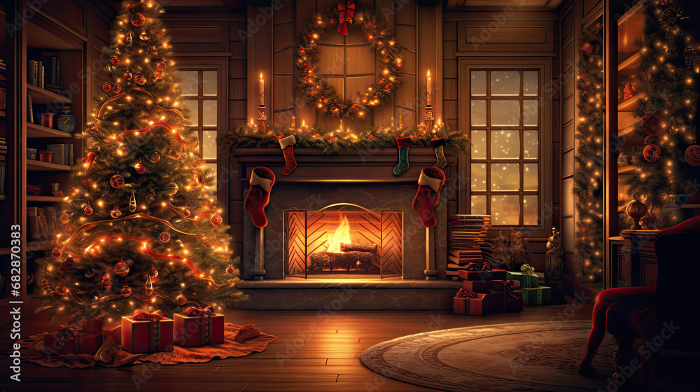 An inviting holiday display with a beautifully lit tree and stockings hung above the fireplace.