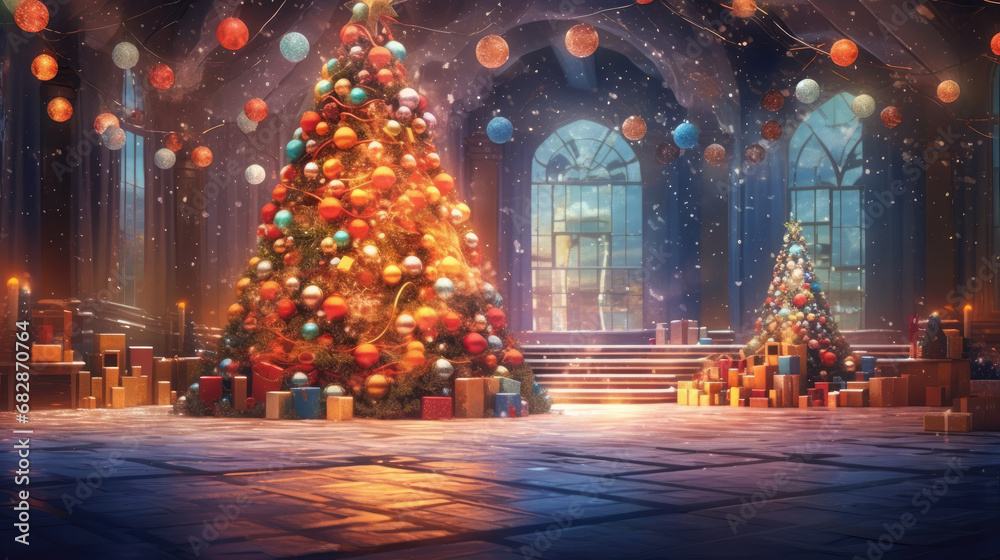 A captivating Christmas tree scene with ornaments and a mesmerizing display of blurred lights.
