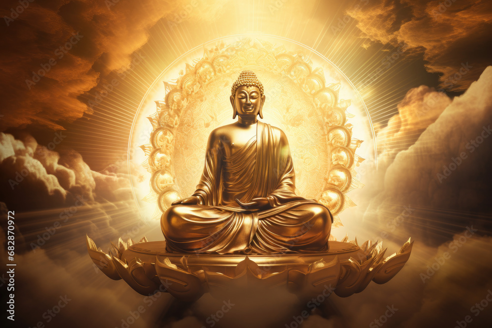Abstract glowing buddha with heaven light - obrazy, fototapety, plakaty 