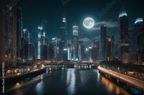 a city skyline, river, and moon are lit up at night photo