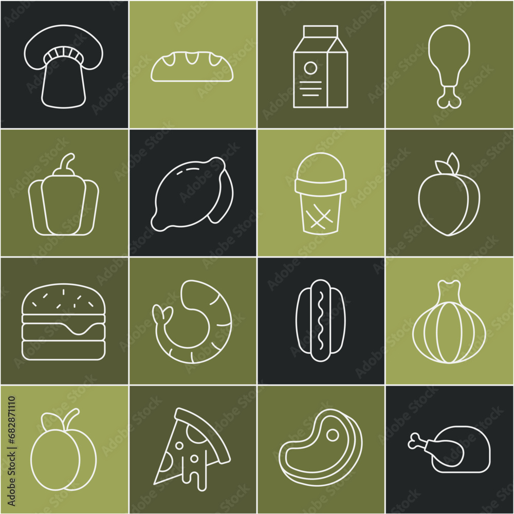 Set line Roasted turkey or chicken, Onion, Plum fruit, aper package for milk, Lemon, Bell pepper, Mushroom and Ice cream in waffle icon. Vector Set line Roasted turkey or chicken, Onion, Plum fruit, aper package for milk, Lemon, Bell pepper, Mushroom and Ice cream in waffle icon. Vector