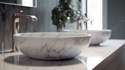 Stylish round sink made of beautiful marble and chrome faucet. The minimalist interior design of a modern bathroom. House interiors.