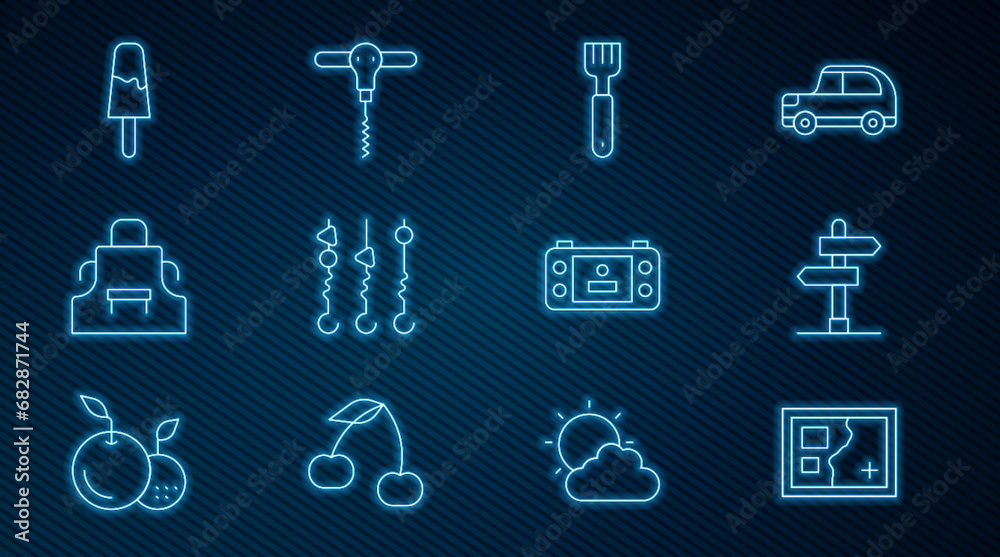 Set line Folded map, Road traffic sign, Fork, Grilled shish kebab on skewer, Kitchen apron, Ice cream, Portable video game console and Wine corkscrew icon. Vector Set line Folded map, Road traffic sign, Fork, Grilled shish kebab on skewer, Kitchen apron, Ice cream, Portable video game console and Wine corkscrew icon. Vector
