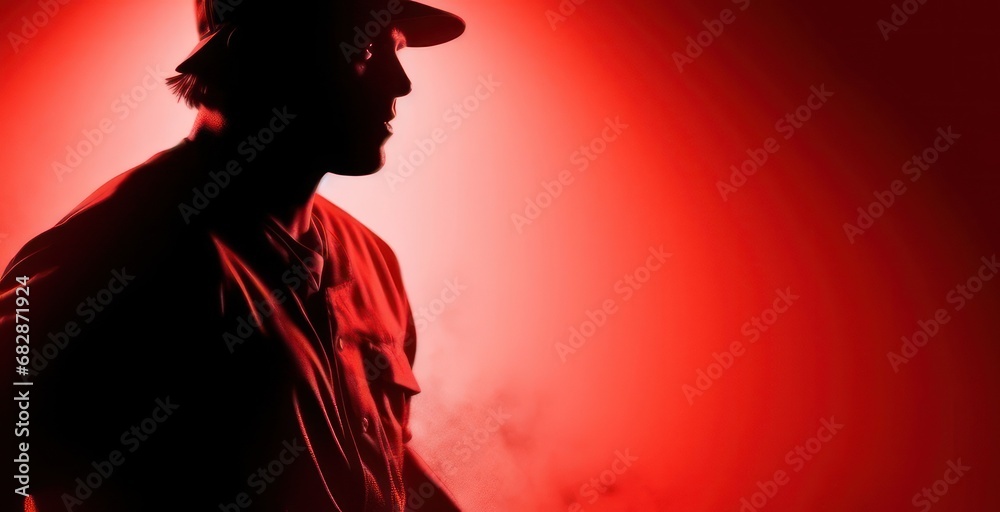 Fototapeta premium Lone Man Standing in Front of a Vibrant Red Light with a Baseball Generative AI