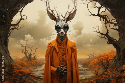 a deer stands in a field of trees with sunglasses, in form of human body, wearing in orange coat
