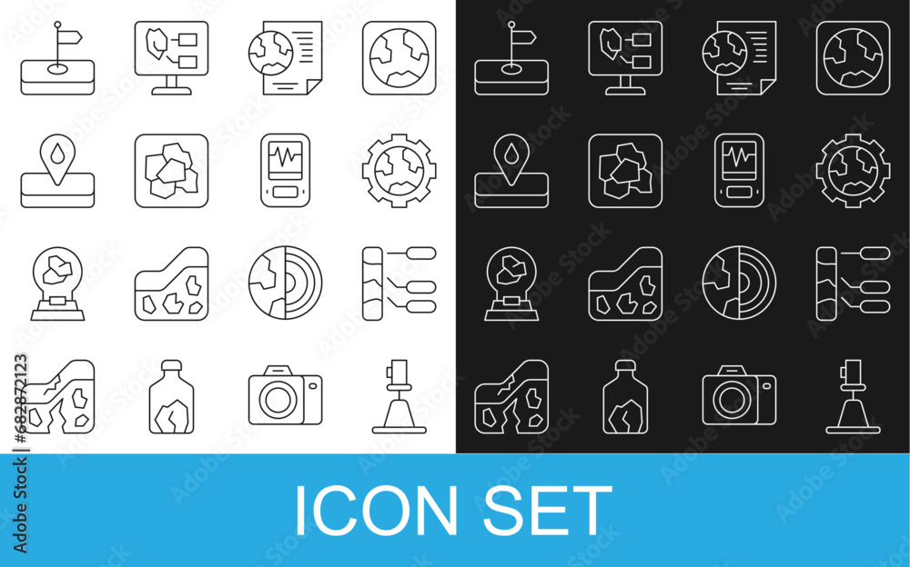 Set line Tacheometer, theodolite, Soil analysis, Gear wheels and earth, Earth globe with document, Gold nugget, Oilfield, Flag and Seismograph icon. Vector