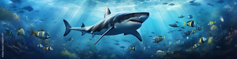 Naklejka premium Shark underwater by the coral at sea, nature concept