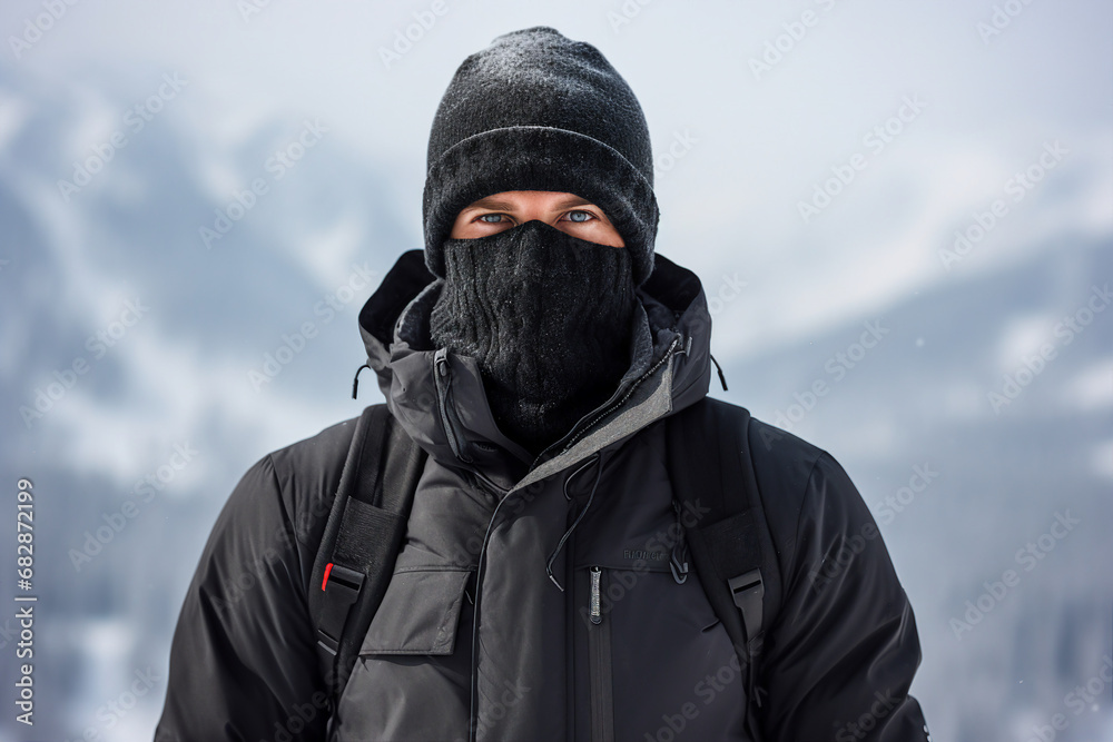 Happy young person wearing warm winter hiking clothes climbing high peak mountain Generative AI picture Happy young person wearing warm winter hiking clothes climbing high peak mountain Generative AI picture