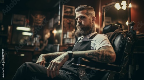bearded barber sitting in chair at the barbershop and doing his hair photo