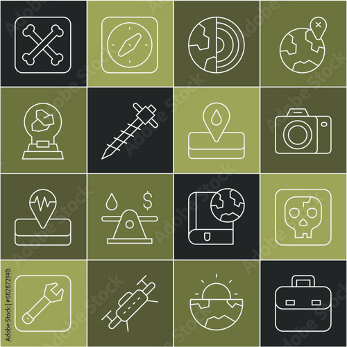 Set line Briefcase, Archeology, Photo camera, Earth core structure crust, Construction jackhammer, Exhibition with minerals, rocks, and Oilfield icon. Vector