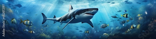 Shark underwater by the coral at sea, nature concept