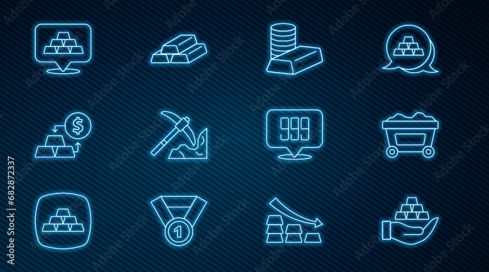 Set line Gold bars in hand, Mine cart with gold, coin, mining, exchange money, 24k and icon. Vector Set line Gold bars in hand, Mine cart with gold, coin, mining, exchange money, 24k and icon. Vector