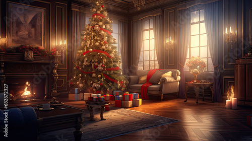A festive living room with a Christmas tree and gifts near the blazing fire.