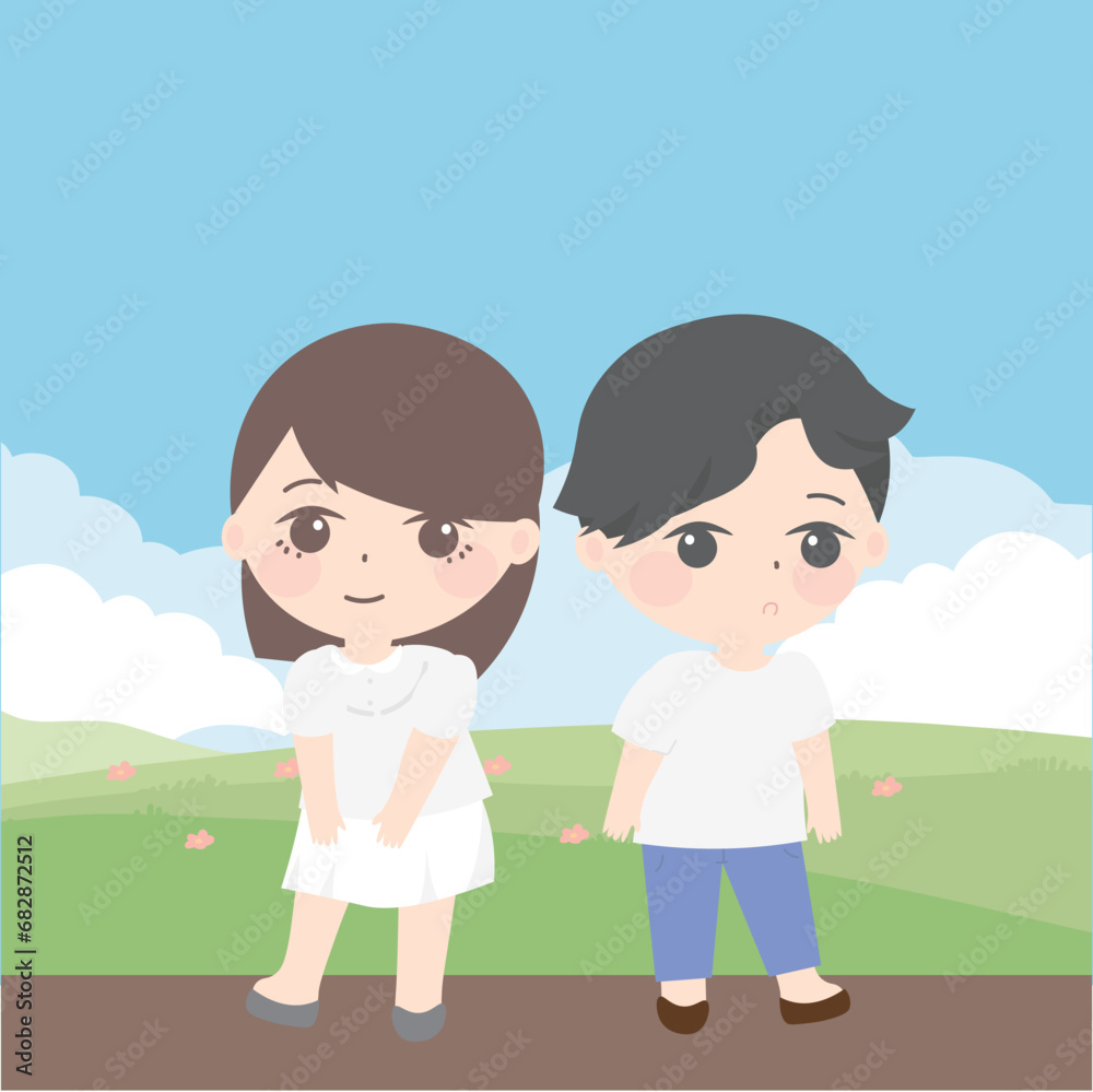 two kids standing together on the road, in the style of animated gifs, romantic conception, light brown and white, gongbi, realistic, dark brown and light blue, ferrania two kids standing together on the road, in the style of animated gifs, romantic conception, light brown and white, gongbi, realistic, dark brown and light blue, ferrania