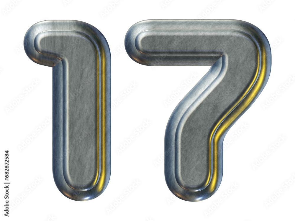 Silver metal number 17 isolated on transparent background for education concept