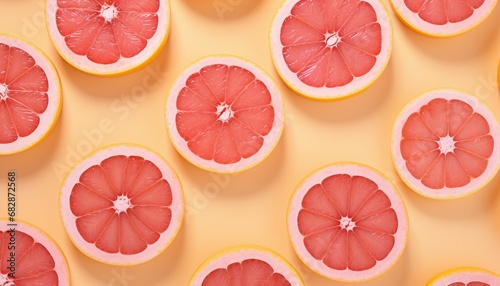 Creative pattern made of sliced grapefruits on pink background, Pattern with ripe orange on a pink background, view of the top copyspace