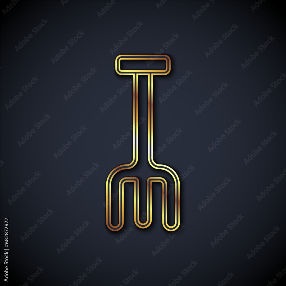 Gold line Garden rake icon isolated on black background. Tool for horticulture, agriculture, farming. Ground cultivator. Housekeeping equipment. Vector Gold line Garden rake icon isolated on black background. Tool for horticulture, agriculture, farming. Ground cultivator. Housekeeping equipment. Vector