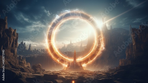 An abstract mysterious stargate with flare effects around, gateway to other galaxies, sic-fi concept