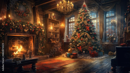 A magical Christmas ambiance with a beautifully decorated tree and gifts by the fireplace.