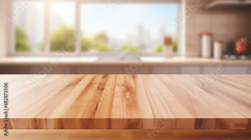 empty wood table top with blur bokeh modern background for product display © sunanta