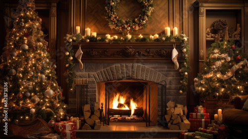 A traditional holiday tableau with a decorated tree and stockings hanging on the fireplace. © thuong