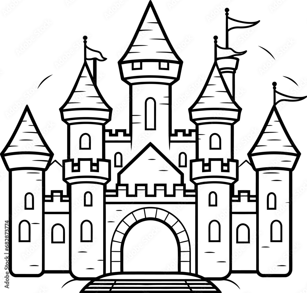 Cartoon castle silhouette icon in black color. Vector template.