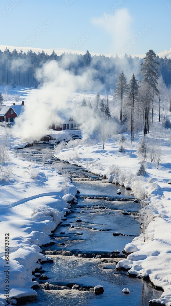 A photorealistic image of a winter village with smoke ,Winter Landscape,Panaromic Image
