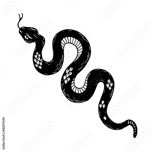Serpentine illustration,  black snak witchy magic symbol. Linocut print style. Vector.