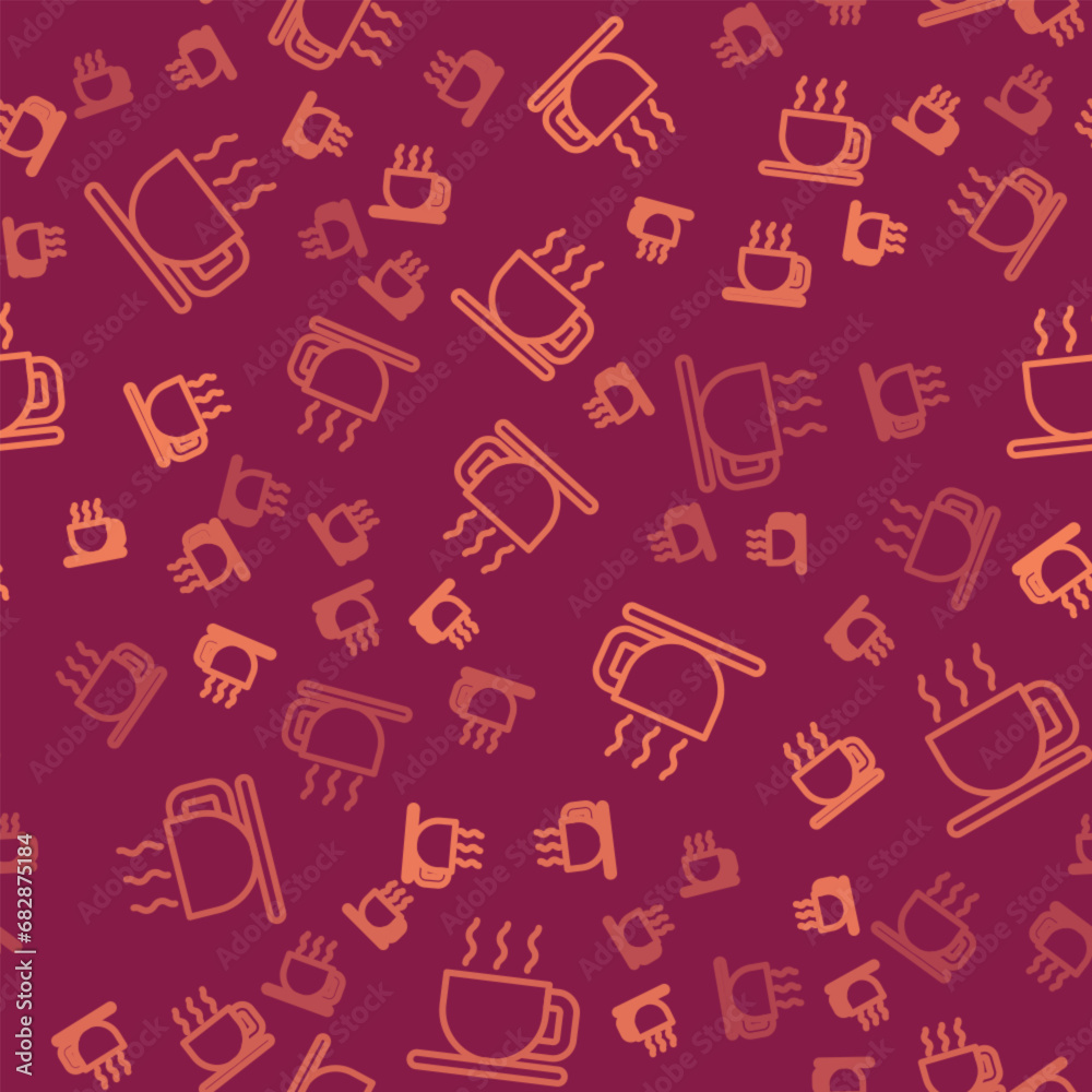Brown line Cup of tea icon isolated seamless pattern on red background. Vector