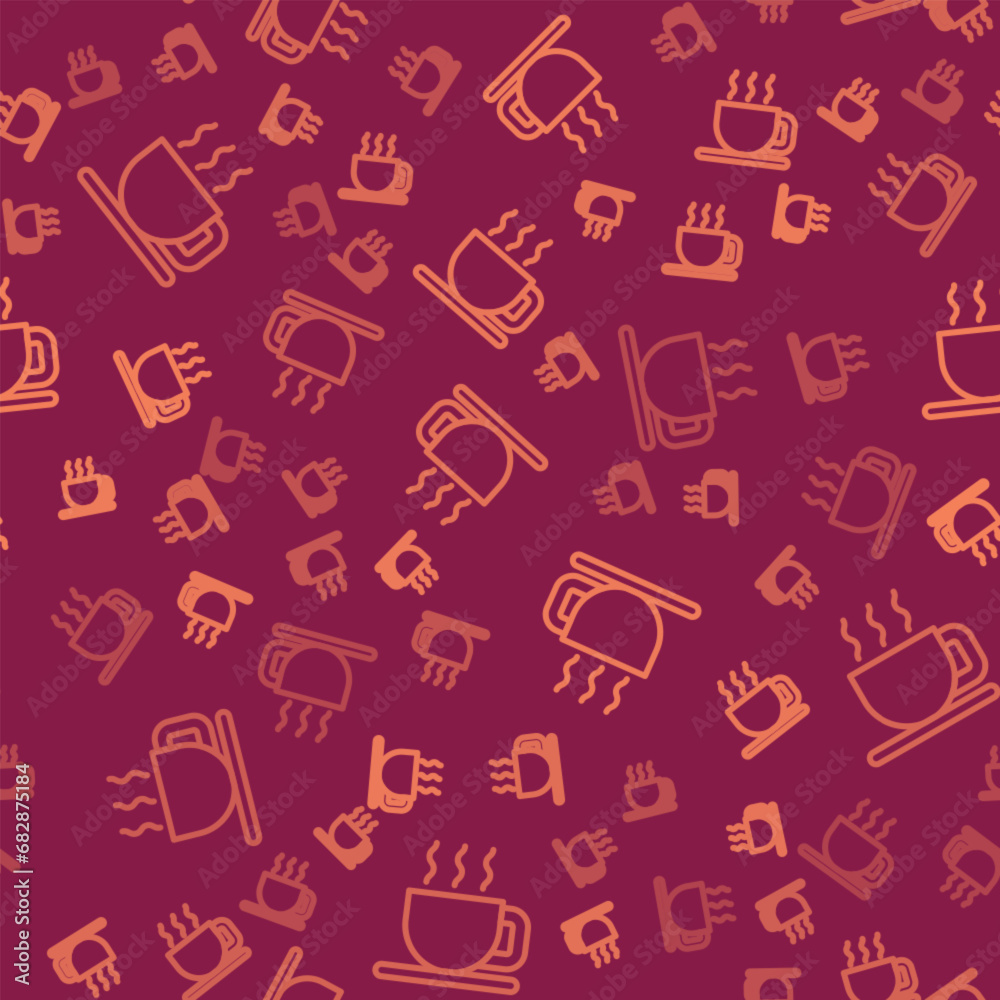 Brown line Cup of tea icon isolated seamless pattern on red background. Vector Brown line Cup of tea icon isolated seamless pattern on red background. Vector
