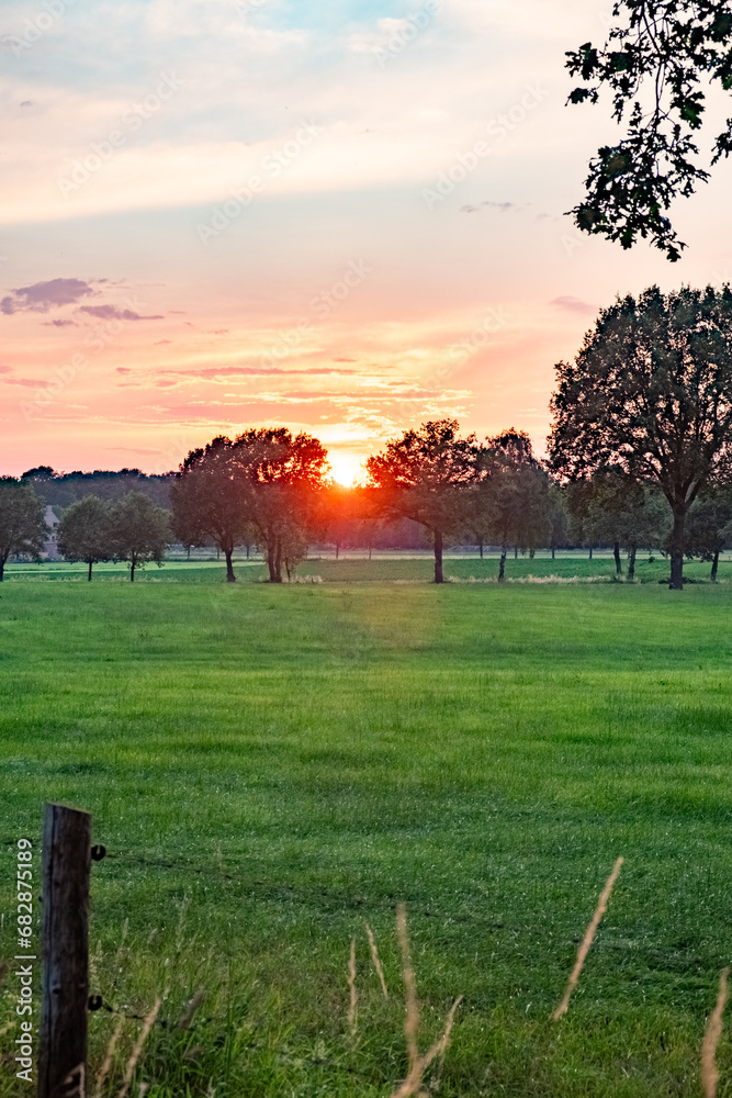 This image beautifully frames a rustic sunset peeking through the silhouetted trees in the countryside. The fence in the foreground is characteristic of a pastoral setting, leading the eye towards the - obrazy, fototapety, plakaty 