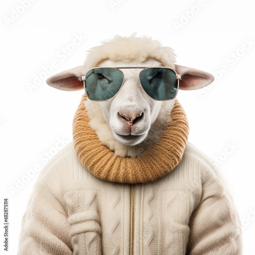 Sheep head wearing sunglasses on the human body of a man wearing winter Clothes on white background, ai technology photo
