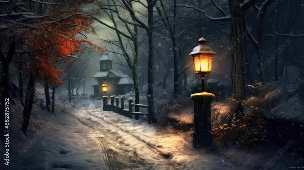Lantern illuminating a path through a winter wonderland.