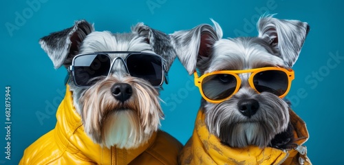 Two Dogs in Yellow Rainbow Jackets and Sunglasses Striking a Pose on a Blue Background. Two dogs wearing yellow jackets and sunglasses photo