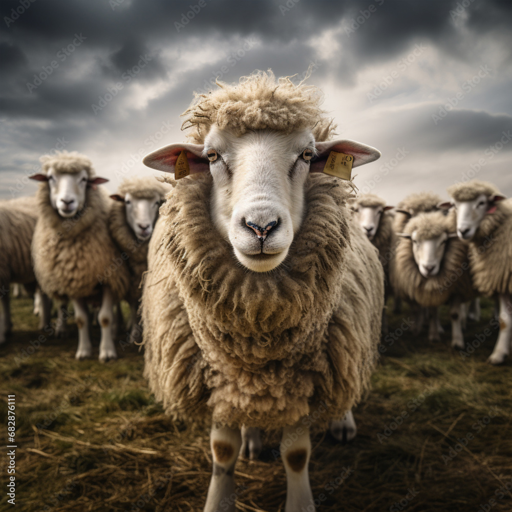 Fototapeta premium Sheep on isolated background look at camera, ai technology