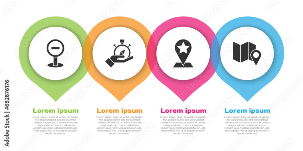 Set Stop sign, Compass, Map pointer with star and Folded map with location marker. Business infographic template. Vector Set Stop sign, Compass, Map pointer with star and Folded map with location marker. Business infographic template. Vector