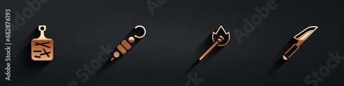 Set Cutting board, Grilled shish kebab, Burning match with fire and Knife icon with long shadow. Vector