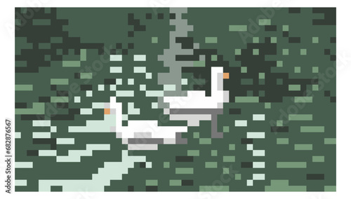 pixel art landscape with morning lake, swans, birds, gradient colors for use as a illustration of nature, template of banner tourist agency, backdrop, poster, landing page