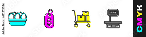 Set Chicken egg in box, Price tag with dollar, Hand truck and boxes and Electronic scales icon. Vector
