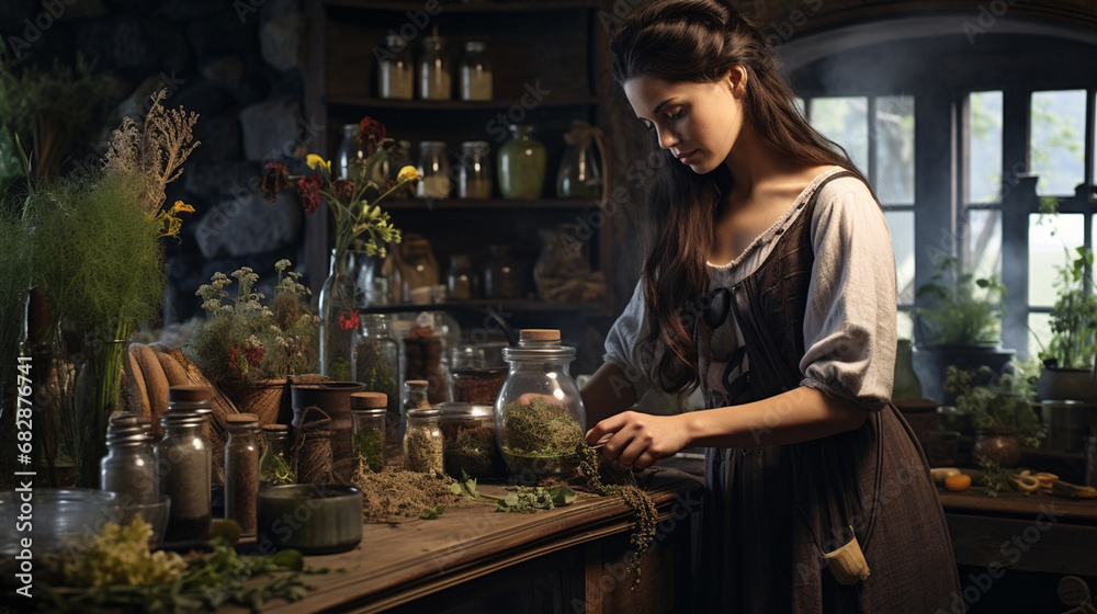 A woman collects medicinal herbs.Generative AI A woman collects medicinal herbs.Generative AI
