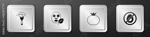 Set Vegan food diet, Facial cosmetic mask, Tomato and No meat icon. Silver square button. Vector
