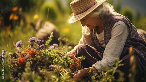 old woman collects medicinal herbs.Generative AI