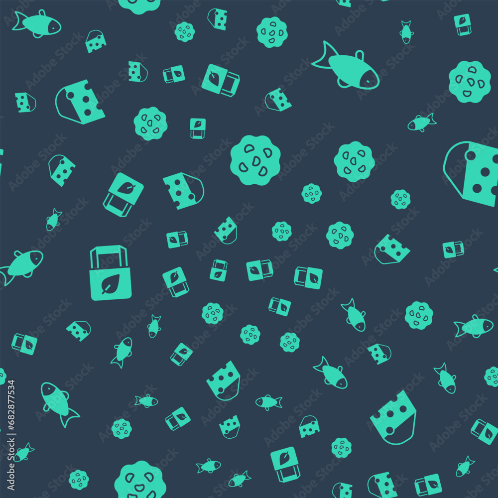 Set Cookie or biscuit, Fish, Shopping bag with recycle and Cheese on seamless pattern. Vector Set Cookie or biscuit, Fish, Shopping bag with recycle and Cheese on seamless pattern. Vector