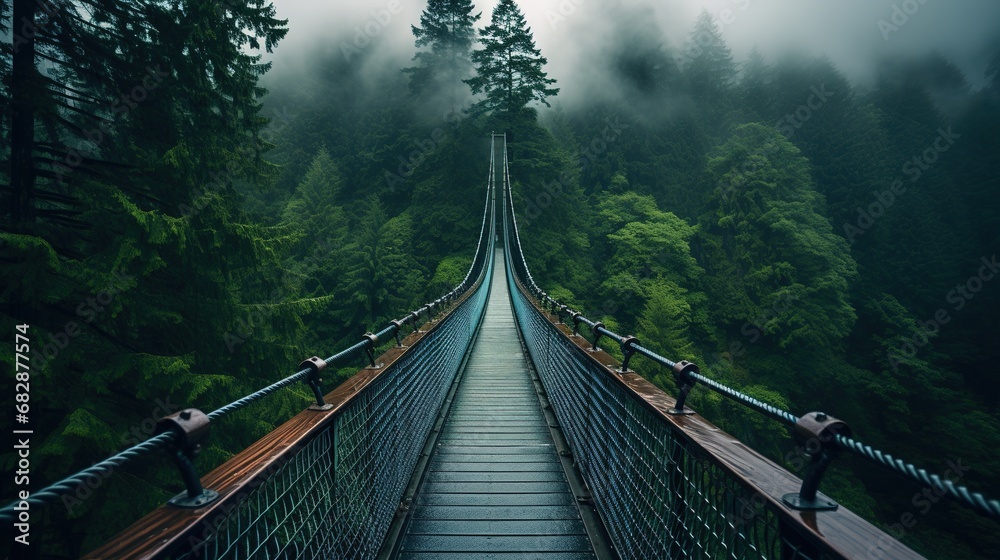Obraz premium Generative AI, treetop boarding bridge on misty fir forest beautiful landscape in hipster vintage retro style, foggy mountains and trees. 