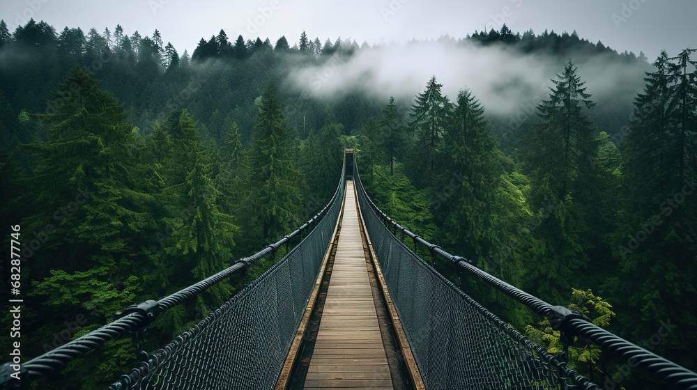 Fototapeta premium Generative AI, treetop boarding bridge on misty fir forest beautiful landscape in hipster vintage retro style, foggy mountains and trees. 
