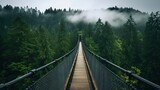 Generative AI, treetop boarding bridge on misty fir forest beautiful landscape in hipster vintage retro style, foggy mountains and trees.	
