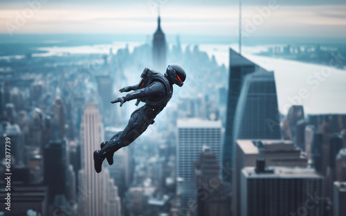 A person wearing a jet suit flies over the sky in New York City America Personal aviation technology photo