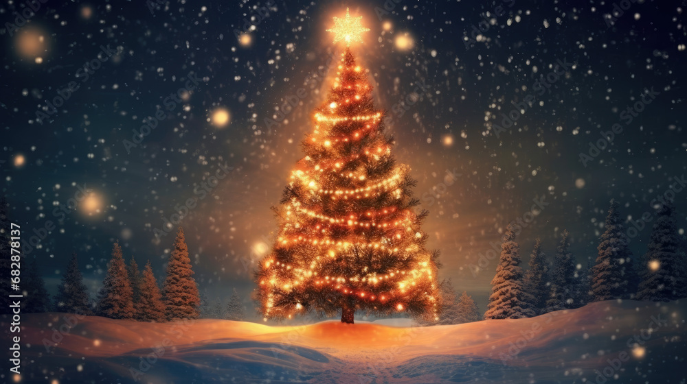 A beautifully adorned Christmas tree with a background of enchanting, twinkling lights.