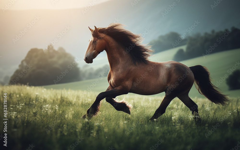 horse running pasture nature background mountains and trees